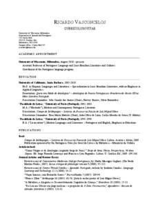 RICARDO VASCONCELOS CURRICULUM VITAE University of Wisconsin, Milwaukee Department of Spanish and Portuguese 733 Curtin Hall 3243 N. Downer Ave.