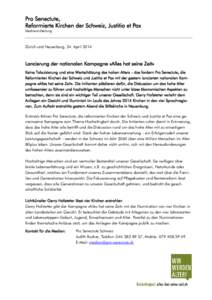 Pro Senectute, Reformierte Kirchen der Schweiz, Justitia et Pax Medienmitteilung Zürich und Neuenburg, 24. April 2014