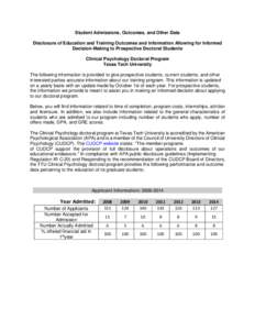 Student Admissions, Outcomes, and Other Data Disclosure of Education and Training Outcomes and Information Allowing for Informed Decision-Making to Prospective Doctoral Students Clinical Psychology Doctoral Program Texas