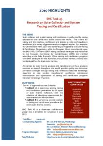 2010 HIGHLIGHTS    SHC Task 43  Research on Solar Collector and System   Testing and Certification  THE ISSUE 