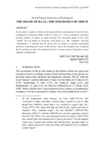 Journal of Northwest Semitic Languages), ppScott B Noegel (University of Washington) THE SHAME OF BAʿAL: THE MNEMONICS OF ODIUM ABSTRACT