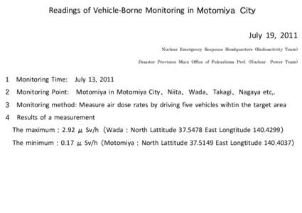 Readings of Vehicle‐Borne Monitoring in Ｍｏｔｏｍｉｙａ Ｃｉｔｙ July 19, 2011 Nuclear Emergency Response Headquarters (Radioactivity Team) Disaster Provision Main Office of Fukushima Pref. (Nuclear  Power