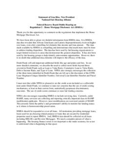 Statement of Lisa Rice, Vice President of the National Fair Housing Alliance to the Federal Reserve Board Public Hearing on Regulation C: Home Mortgage Disclosure Act (HMDA)