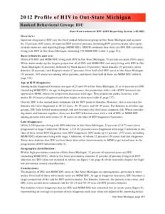 2012 Profile of HIV in Out-State Michigan Ranked Behavioral Group: IDU Data from enhanced HIV/AIDS Reporting System (eHARS) Overview: Injection drug users (IDU) are the third ranked behavioral group in Out-State Michigan