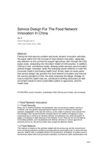 Service Design For The Food Network Innovation In China Jun li [removed[removed]Lihu Avernue, Wuxi, China