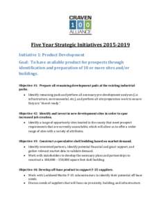 Five Year Strategic InitiativesInitiative 1: Product Development Goal: To have available product for prospects through identification and preparation of 10 or more sites and/or buildings. Objective #1: Prepare