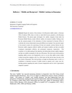 Proceedings of the 2004 Conference of the Australian Linguistic Society  1 Reflexive − Middle and Reciprocal − Middle Continua in Romanian