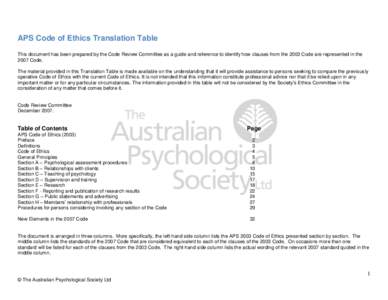 APS Code of Ethics Translation Table This document has been prepared by the Code Review Committee as a guide and reference to identify how clauses from the 2003 Code are represented in the 2007 Code. The material provide