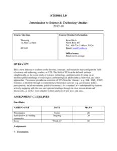 STS5001 3.0 Introduction to Science & Technology StudiesCourse Meetings  Course Director Information