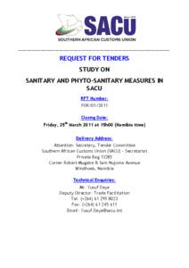 __________________________________________________________________________  REQUEST FOR TENDERS STUDY ON SANITARY AND PHYTO-SANITARY MEASURES IN SACU