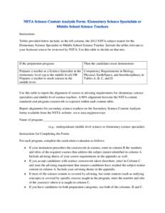 Instructions Tables provided below include, in the left column, the 2012 NSTA subject matter for the Elementary Science Specialist or Middle School Science Teacher. Include the tables relevant to your licensure area to b