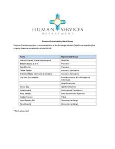 Financial Sustainability Work Group Purpose: Provide input and recommendations to the Exchange Advisory Task Force regarding the ongoing financial sustainability of the NMHIX. Name