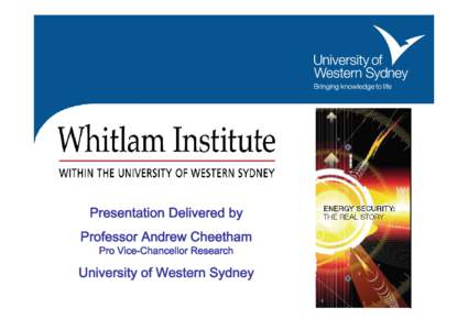Presentation Delivered by Professor Andrew Cheetham Pro Vice-Chancellor Research University of Western Sydney
