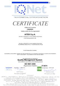 IQNet and its partner CISQ/RINA hereby certify that the organisation AITEK S.p.A. VIA DELLA CROCETTAGENOVA (GE) ITALIA