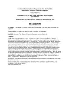 In re Naomi Davies, Petitioner-Respondent, v The New York City Department of Education, Respondent-Appellant, SUPREME COURT OF NEW YORK, APPELLATE DIVISION, FIRST DEPARTMENT 985 N.Y.S.2d 76; 2014 N.Y. Ap