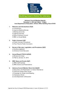       Advisory Council Meeting Agenda  December 3, 2014 @ 9:00am ­ ​ 3:30pm 