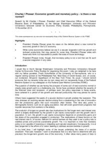 Charles I Plosser: Economic growth and monetary policy – is there a new normal? Speech by Mr Charles I Plosser, President and Chief Executive Officer of the Federal Reserve Bank of Philadelphia, at the George Washingto
