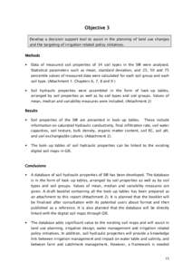 Objective 3 Develop a decision support tool to assist in the planning of land use changes and the targeting of irrigation related policy initiatives. Methods •