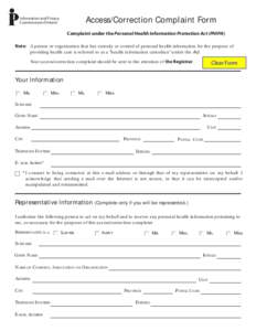 Access/Correction Complaint Form  Information and Privacy Commissioner/Ontario  Complaint under the Personal Health Information Protection Act (PHIPA)