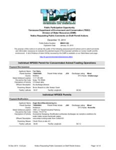 Public Participation Opportunity Tennessee Department of Environment and Conservation (TDEC) Division of Water Resources (DWR) Notice Requesting Public Comments on Draft Permit Actions  December 15, 2014