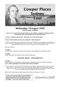Cowper Places Sydney Tour Wednesday 19 August[removed]Limited seats available)