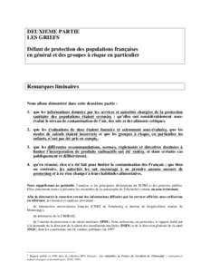 DEUXIEME PARTIE LES GRIEFS Défaut de protection des populations françaises en général et des groupes à risque en particulier  Remarques liminaires