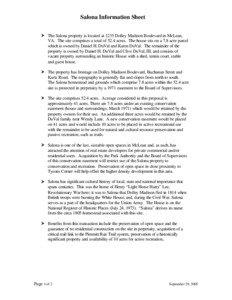 Salona Information Sheet Ø The Salona property is located at 1235 Dolley Madison Boulevard in McLean, VA. The site comprises a total of 52.4 acres. The house sits on a 7.8 acre parcel