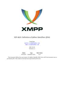 XEP-0029: Definition of Jabber Identifiers (JIDs) Craig Kaes mailto: xmpp: Version 1.1
