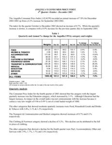 ANGUILLA’S CONSUMER PRICE INDEX 4th Quarter: October - December 2003 The Anguilla Consumer Price Index (AXACPI) recorded an annual increase of 7.0% for Decemberup from a 4.3% increase for September