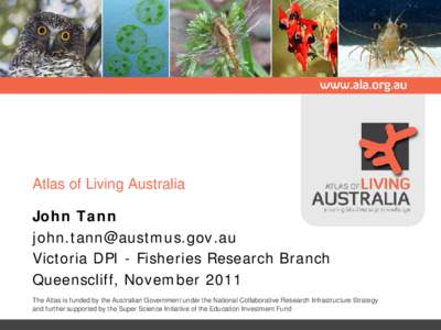 Atlas of Living Australia John Tann  Victoria DPI - Fisheries Research Branch Queenscliff, November 2011 The Atlas is funded by the Australian Government under the National Collaborative Research 