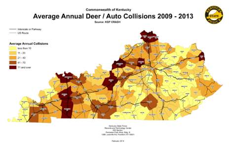 Commonwealth of Kentucky  Average Annual Deer / Auto Collisions[removed]Source: KSP CRASH  Interstate or Parkway