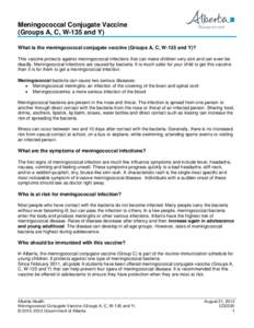 Meningococcal Conjugate Vaccine (Groups A, C, W-135 and Y) What is the meningococcal conjugate vaccine (Groups A, C, W-135 and Y)? This vaccine protects against meningococcal infections that can make children very sick a