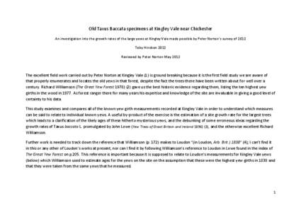 Old Taxus Baccata specimens at Kingley Vale near Chichester An investigation into the growth rates of the large yews at Kingley Vale made possible by Peter Norton’s survey of 2012 Toby Hindson 2012 Reviewed by Peter No
