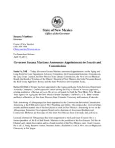 State of New Mexico Office of the Governor Susana Martinez Governor Contact: Chris Sanchez