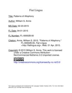Fiat Lingua Title: Patterns of Allophony Author: William S. Annis MS Date: [removed]FL Date: [removed]FL Number: FL-00002B-00