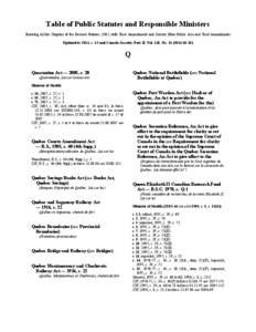 Table of Public Statutes and Responsible Ministers Showing All the Chapters of the Revised Statutes, 1985, with Their Amendments and Certain Other Public Acts and Their Amendments Updated to 2014, c. 12 and Canada Gazett