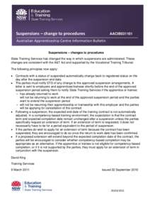 Suspensions – change to procedures  AACIB031101 Australian Apprenticeship Centre Information Bulletin Suspensions – changes to procedures