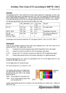 Ancillary Time Code (ATC) according to SMPTE 12M-2 V2 - October 15, 2013 Overview The standards SMPTE 12M[removed]and ITU-R BT[removed]define the “Transmission of Time Code in the Ancillary Data Space” and replace the 