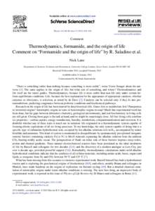 Thermodynamics, formamide, and the origin of life.Comment on “Formamide and the origin of life” by R. Saladino et al.