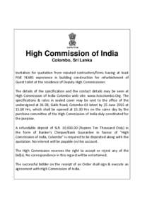 High Commission of India Colombo, Sri Lanka Invitation for quotation from reputed contractors/firms having at least FIVE YEARS experience in building construction for refurbishment of Guest toilet at the residence of Dep