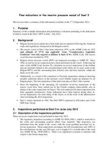 Flaw indications in the reactor pressure vessel of Doel 3 This note provides a summary of the information available on the 3rd of September 2012.