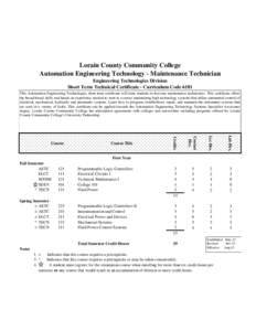 Lorain County Community College Automation Engineering Technology - Maintenance Technician Engineering Technologies Division Short Term Technical Certificate - Curriculum Code 6181 This Automation Engineering Technologie