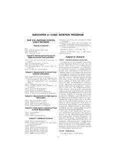 SUBCHAPTER A—CHILD NUTRITION PROGRAMS APPENDIX A TO PART 210—ALTERNATE FOODS FOR MEALS APPENDIX B TO PART 210—CATEGORIES OF FOODS OF MINIMAL NUTRITIONAL VALUE APPENDIX C TO PART 210—CHILD NUTRITION