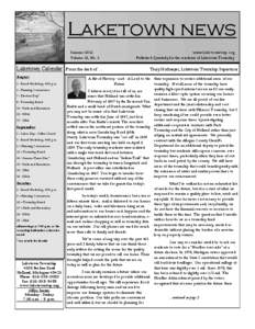 Laketown news Summer 2012 Volume 25, No. 3 www.laketowntwp.org Published Quarterly for the residents of Laketown Township