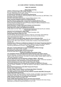 ALTA 2002 COPPER-7 TECHNICAL PROCEEDINGS TABLE OF CONTENTS Heap & Dump Leaching Initiation of Bioleaching at Nifty Copper Operation By Linus Sylwestrzak, Michael Cudby, Straits (Nifty) Pty Ltd and David Readett, K Dudley