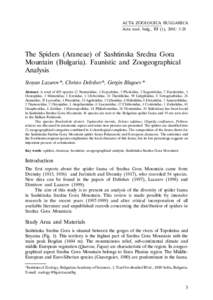 ACTA ZOOLOGICA BULGARICA Acta zool. bulg., 53 (1), 2001: 3-28 The Spiders (Araneae) of Sashtinska Sredna Gora Mountain (Bulgaria). Faunistic and Zoogeographical Analysis