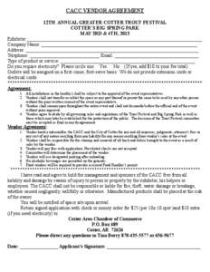 CACC VENDOR AGREEMENT 12TH ANNUAL GREATER COTTER TROUT FESTIVAL COTTER’S BIG SPRING PARK