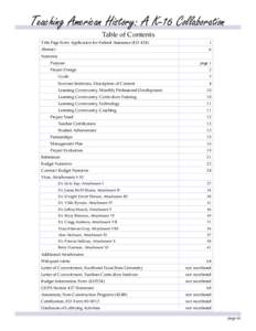 Teaching American History: A K-16 Collaboration Table of Contents Title Page Form Application for Federal Assistance (ED 424) Abstract Narrative Purpose