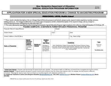 New Hampshire Department of Education SPECIAL EDUCATION PROGRAM INFORMATION Revised July 2011