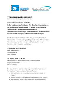 TERMINANKÜNDIGUNG Regionalmedien Salzburg | 21. November 2014 Zentrum für Fernstudien Saalfelden  Informationsnachmittage für Studieninteressierte
